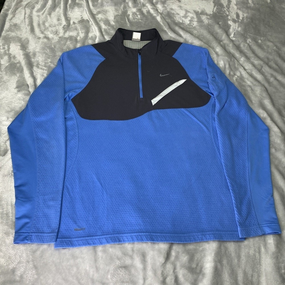 Vintage 90s Nike‎ FitTherma Grid Fleece 1/4 Zip Pullover Men L Blue Athletic Run